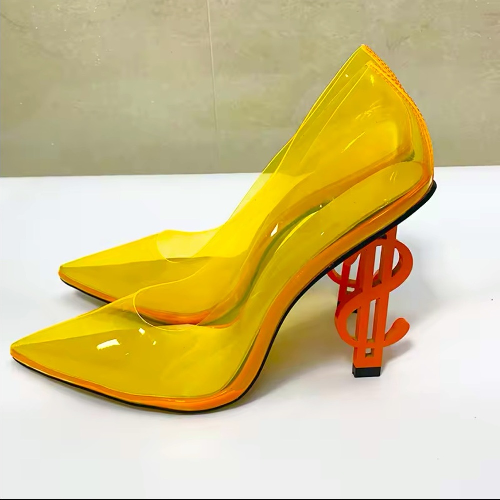 New Orange Plastic Money Sign Heels Euro Size 39/U.S Size 8.5
